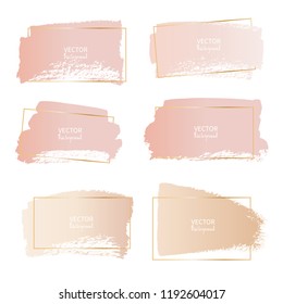 Set of brush stroke frame, Gold pink grunge brush strokes. Vector illustration.