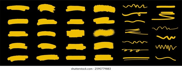 set of brush stroke in gold color, collection underline brush vector illustration, abstract golden ornament. luxury grunge, vintage gold texture, elegant brush smudges design.