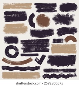 Set Of Brush Stroke, Ink Black And Light Tones Paint Brush, Grunge Lines. Grunge Circle Brush Collection. Template Grunge Banner, Poster, Design. Vector Crayon Drawn Underlines And Straight Strokes.