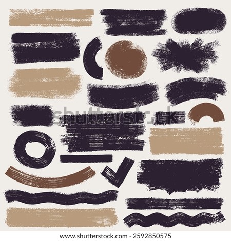 Set Of Brush Stroke, Ink Black And Light Tones Paint Brush, Grunge Lines. Grunge Circle Brush Collection. Template Grunge Banner, Poster, Design. Vector Crayon Drawn Underlines And Straight Strokes.