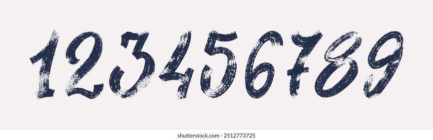 Set of brush stroke, marker textured numbers. Numbers 1, 2, 3, 4, 5, 6, 7, 8, 9, 0. Stylish hand draw brush painted numbers set. Bold brush drawn grunge. Dirty texture vector. Rough brush strokes.