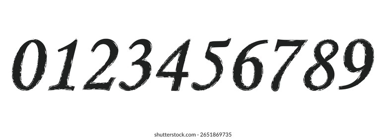 set of brush stroke, marker textured numbers. numbers 1, 2, 3, 4, 5, 6, 7, 8, 9, 0. stylish hand draw brush painted numbers set. bold brush drawn grunge. dirty texture vector. rough brush strokes. 