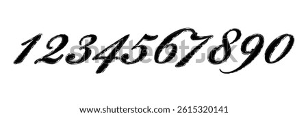 Set of brush stroke, marker textured numbers. Numbers 1, 2, 3, 4, 5, 6, 7, 8, 9, 0. Stylish hand draw brush painted numbers set. Bold brush drawn grunge. Dirty texture vector. Rough brush strokes. 