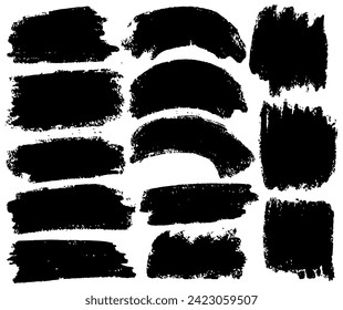 Set of brush stroke paint boxes. Ink stroke brushes. Black paint, ink brush, brush strokes, brushes, lines, artistic design elements. Charcoal black chalk crayons marker paint texture on white.