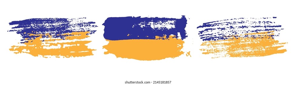 Set of brush stroke Ukrainian flag. Flag of Ukraine in grunge style. Vector illustration.