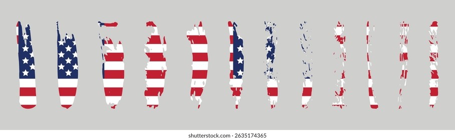 Set of  brush stroke with USA colors pattern Vintage Style United States Flag with Weathered Paint Aging effect Strokes are jagged imperfect America design elements collection