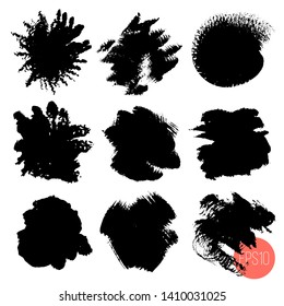 Conjunto de trazos de pincel. Manchas negras abstractas sobre fondo blanco de varias formas.