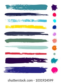 Set of brush strokes backgrounds. Paint line grunge collection. Colorful grunge hand painted brush strokes. Ink texture, elements borders or frames. Vector illustration. Isolated on white background