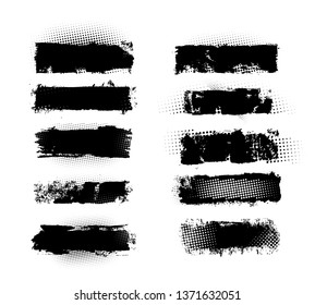 Set of brush strokes, Black ink grunge brush strokes.Black inked splatter, dirt stain. Ink strokes with drops blots. Isolated grunge silhouette set. Vector illustration