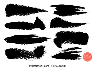 Set of brush strokes, black ink grunge painted spots. Vector illustration.