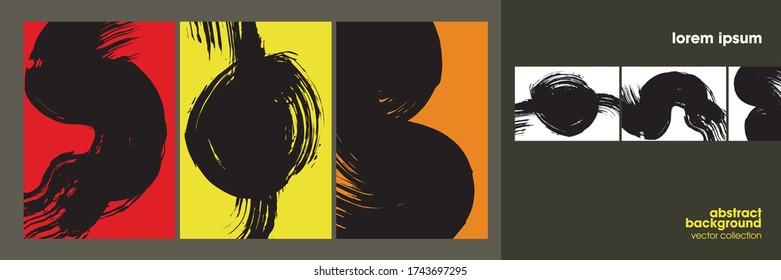 Conjunto de pinceladas de pincel, trazos de pincel de tinta negra grunge. Ilustración vectorial. Se puede usar para publicidad, banners, tarjetas, portada de libros, folletos, decoración, afiches, plantillas de cabecera web, etc.