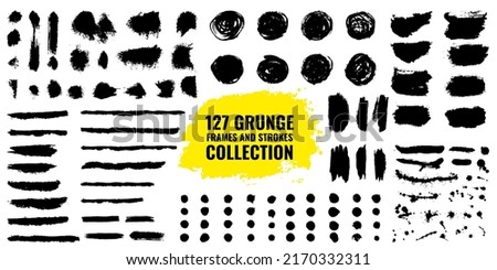 Set of brush strokes bundle. circle frames. Dirty distress texture banners. Round grunge design elements. Rectangle, square and burst text boxes. Dirty decoration elements collection. Vector