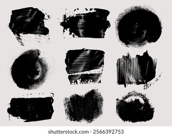 Set of brush strokes bundle. Vector collection of paintbrush. Black round text boxes and grunge blotches. Splatters elements. Dirty distress texture banners. Ink painted shapes dry brush on canvas.