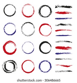 Set of brush strokes and circles isolated on white background.Grunge frames and borders collection.Vector illustration