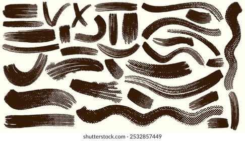Conjunto de diseño de pinceladas. Pincel de colección de líneas en negrita. Colección de cuadros de texto negros, marco. Elementos de diseño grunge de Plantilla. Rectángulos pintados, trazos largos. Vector de Anuncios de textura sucia.
