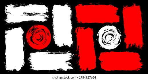 Conjunto de trazos de pincel. Textura sucia en forma de grunge. Pinceles blancos y rojos aislados sobre fondo negro. Patrón sin foco. El elemento gráfico de diseño se guarda como ilustración vectorial