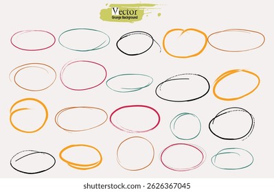 set brush strokes Ellipses, Black circle highlight, pen ovals doodle. Marker ellipses frames in sketch style. Hand drawn vector illustration isolated on white background. Doodle set of black hand draw