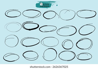 set brush strokes Ellipses, ovals, drawn with a brush to circle the ex. Set of doodle ellipses. Hand-drawn marker emphasis elements. scribble style. Rough crayon circles. Doodle set of black hand draw