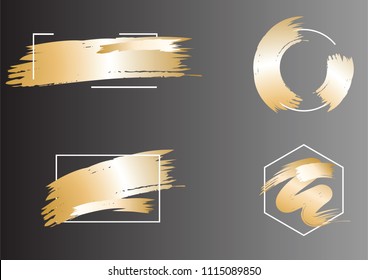 Set of brush strokes frame in golden tones.Abstract vector Shiny gold frame.Sparkle glossy scribble, grunge or smudge. Glam style cosmetic.Border box package background.Texture graphic metal shapes.