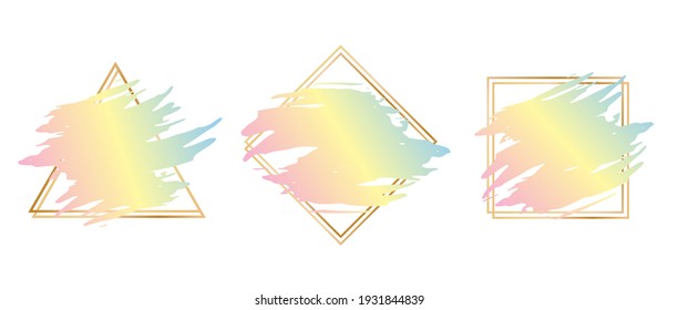 Set of brush strokes in a gold frame in the form of a triangle, square and rhombus. Design template for banner, postcard, cover, flyer and logo. Vector illustration.