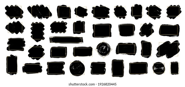 Set of brush strokes with gold frames. Modern brush, frames, banner. Grunge brush stroke element. Vector black paint illustration for your text.