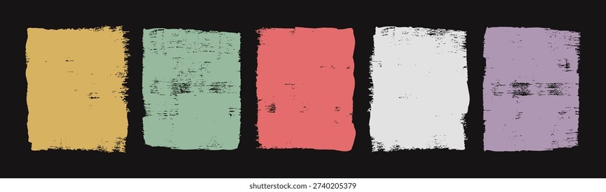 A set of brush strokes and grunge backgrounds on a black background. Abstract artistic textured design. Hand-drawn elements for a creative graphic project. Vector.