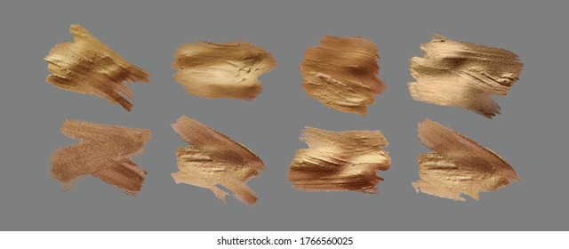 Set of brush strokes. Grunge design elements. Golden paint, ink, brushes, lines, grungy. Dirty artistic  boxes, frames. Gold lines isolated . Abstract gold glittering textured art illustration. Vector