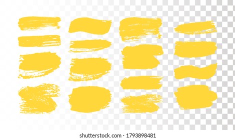 Set of brush strokes. Grunge design elements. Yellow paint, ink, brushes, lines, grungy. Artistic  boxes, frames, lines isolated. Abstract textured art illustration on transparent background. Vector