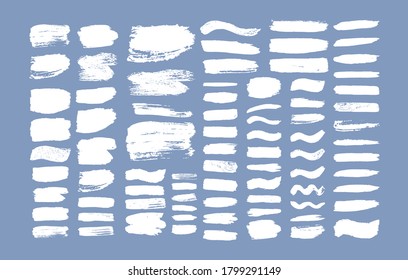 Set of brush strokes. Grunge design elements. White paint, ink, brushes, lines, grungy. Dirty artistic  boxes, frames, lines isolated . Abstract  textured art illustration. Vector