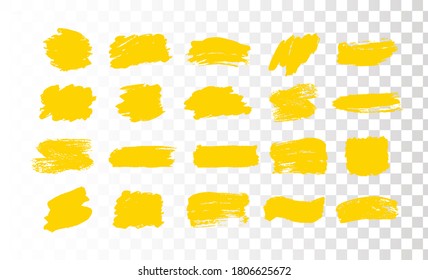 Set of brush strokes. Grunge design elements. Yellow paint, ink, brushes, lines, grungy. Artistic  boxes, frames, lines isolated. Abstract textured art illustration on transparent background. Vector