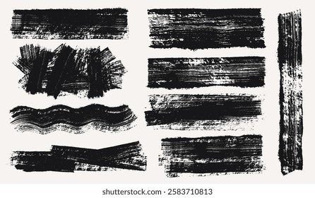 Set of brush strokes, hand drawn thick black grunge texture. Sketchy bold realistic lines. Black ink brush strokes, abstract banners rectangle shapes. Grunge marker highlight underline set.