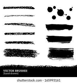 Set of brush strokes isolated on white background. Vector illustration. Grunge ink and paints stains. Black pastel crayons and pencil lines. 