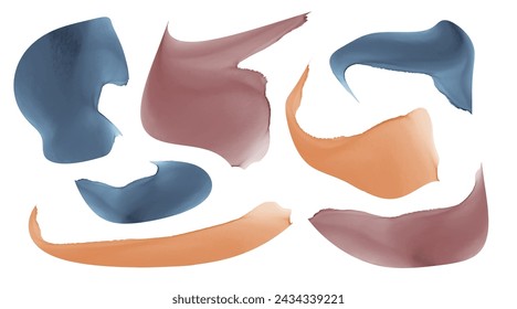 Set of brush strokes. Isolated paint strokes, liquid shapes, watercolor stains similar to silk, isolated on a white background. Artistic collection of graphic design elements. Vector illustration.