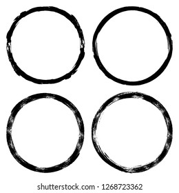 Set brush strokes paint circles on white. Ink hand-drawn paint brush circle. Logo, label design element vector illustration, black abstract circle frame, coffee Cup footprint
