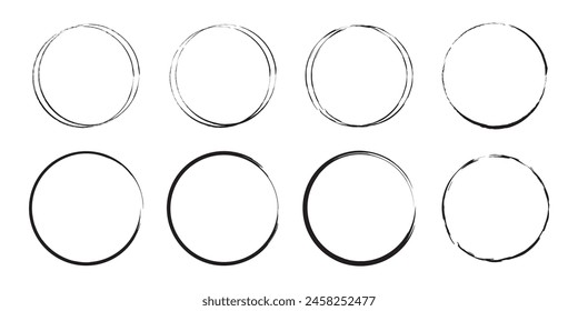 Set brush strokes paint circles. Ink hand-drawn paint brush circle. Logo, label design element vector illustration, black abstract circle frame, coffee Cup