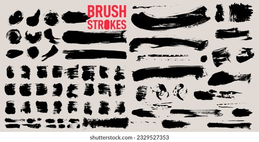Conjunto de trazos de pincel. Colección de pincel, plantillas de trazos de pincel. Elementos de diseño gruesos. Cuadros de texto largos. Pancartas sucias de textura de distrés. Objetos pintados en negro y grueso. Acariciaciones vectoriales de alto detalle.