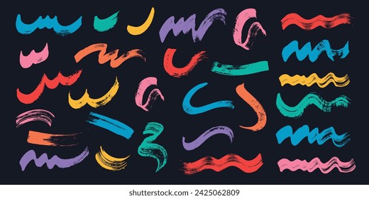 Set of brush strokes. Rough lines, waves, curves, textures. Black grunge design elements, abstract forms, shapes. 