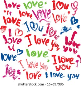 Set of brush strokes and scribbles in heart shapes and words LOVE, I LOVE YOU - sketch elements for Valentines Day design. 