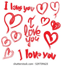 Set of brush strokes and scribbles in heart shapes and words I LOVE you, sketch elements for Valentines Day Card, invitation design. Red color image isolated on white background.