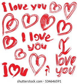 Set of brush strokes and scribbles in heart shapes and words I LOVE you, sketch elements for Valentines Day Card, invitation design. Red color image isolated on white background.