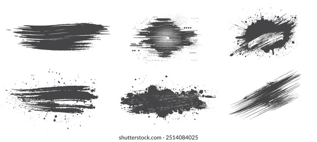 Set of brush strokes with stain and splashes. Black grunge ink texture. Isolated vector images in simple style