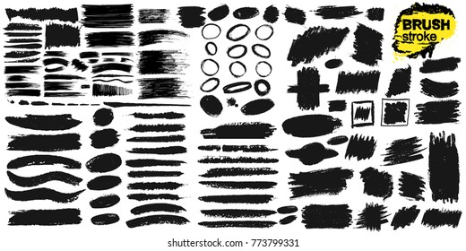 Set of brush strokes text boxes. Paintbrush grunge design elements. Freehand drawing. Painted objects. Dirty texture banners. Ink splatters. Vector illustration. Isolated on white background