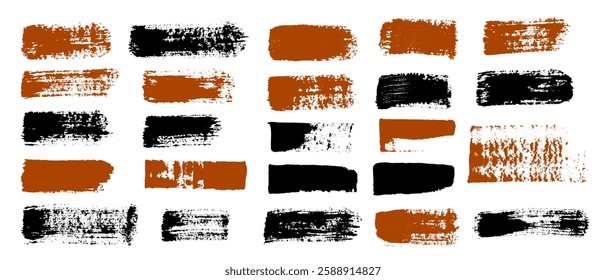 Set of brush strokes with uneven unpainted ragged edges in bold sweeping dynamic hand drawn style. Vector thick short horizontal lines, stripes, highlights, underlines.