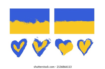 Set of brush with Ukraine national blue and yellow flag. Grunge watercolor painting flag, hearts of Ukraine. Collection symbol, poster, banner of the national flag. Vector style watercolor drawing.