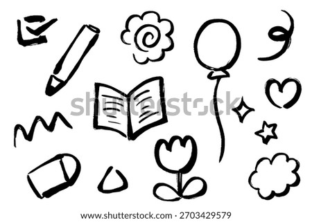 A set of brush-drawn illustrations of miscellaneous items and decorations, including pencils, balloons, and tulips.