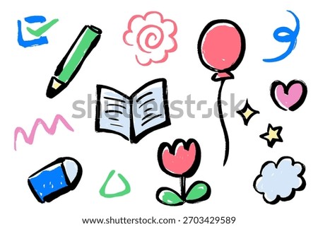 A set of brush-drawn illustrations of miscellaneous items and decorations, including pencils, balloons, and tulips.