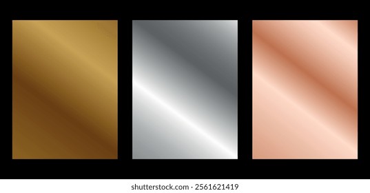  Set of brushed steel backgrounds, vector illustration on gold, silver and bronze backgrounds