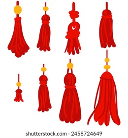 A set of brushes with bright red threads that are ideal for needlework, DIY or textile design. Various shapes of tassels made of threads with gold beads. Isolated elements