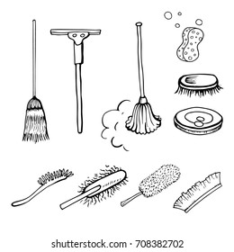 Set of brushes for cleaning at home or in the office. Objects for your design. Vector illustration