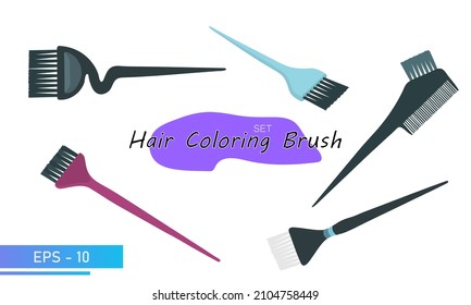 A set of brushes for coloring hair on the head. Hair color change. Tools for a beauty salon, hairdresser or stylist. In color version. Vector illustration.